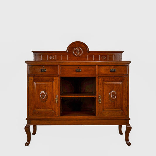 English Edwardian Oak Sideboard Buffet Server Carved Sunflower Motif Cabinet