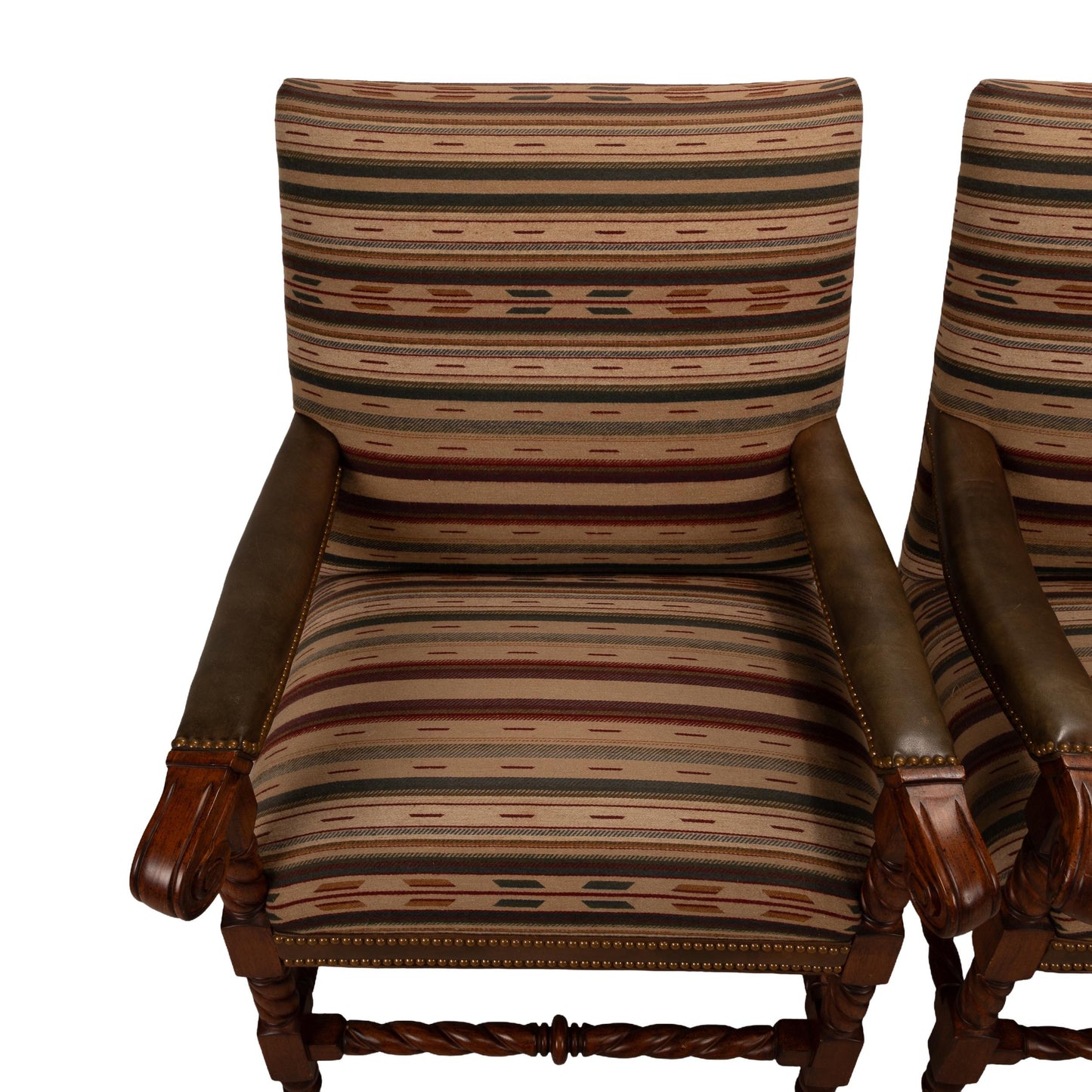 Hancock & Moore Louis XIII French Style Barley Twist Throne Armchairs W/ Southwestern Wool Geometric Fabric