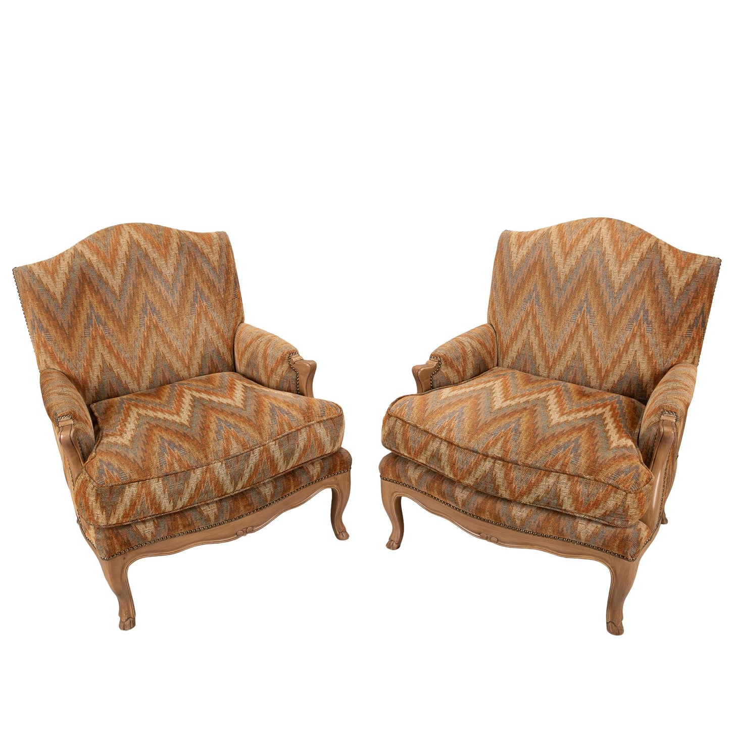 Louis XV Style Chevron Print Brass Studded Bergère Chairs by William Switzer – Pair, Vintage French Style Accent Seating