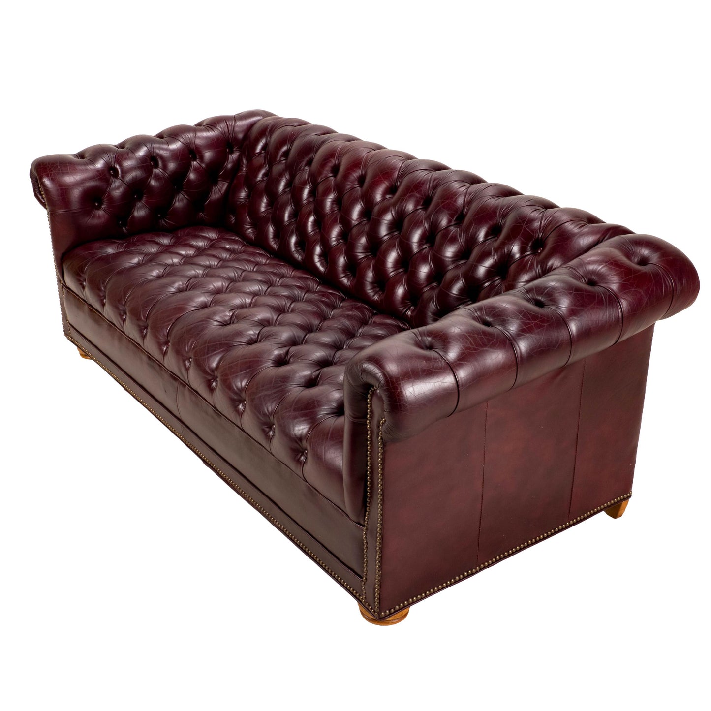 Vintage 1970s Tufted English Chesterfield Style Burgundy Leather Sofa 76"