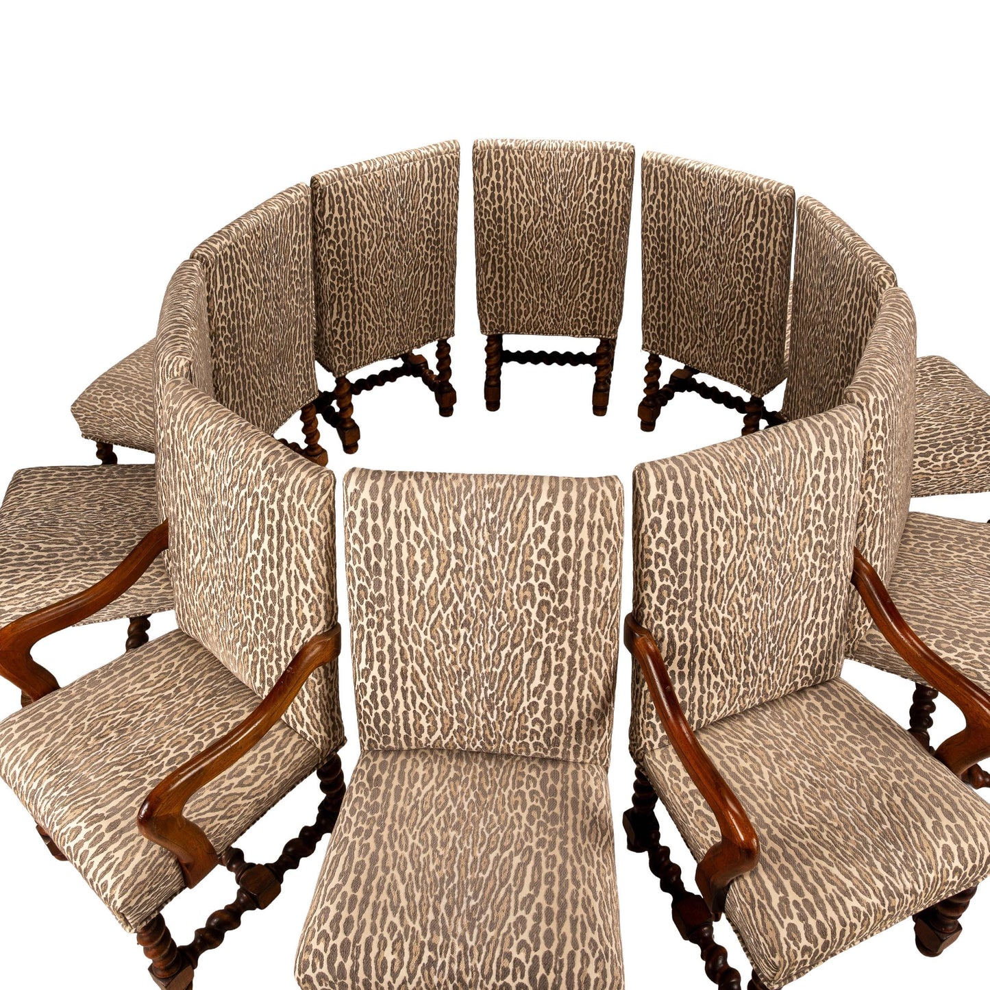 Jacobean Style Barley Twist Dining Chairs in Leopard Print Upholstery – Set of 10