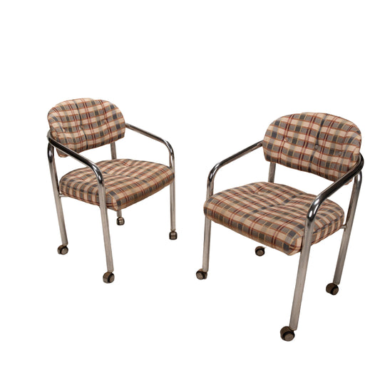 Pair of 1980s Chromcraft for Maas Brothers Postmodern Tubular Chrome Rolling Arm Chairs – Vintage Sculptural Office or Accent Seating