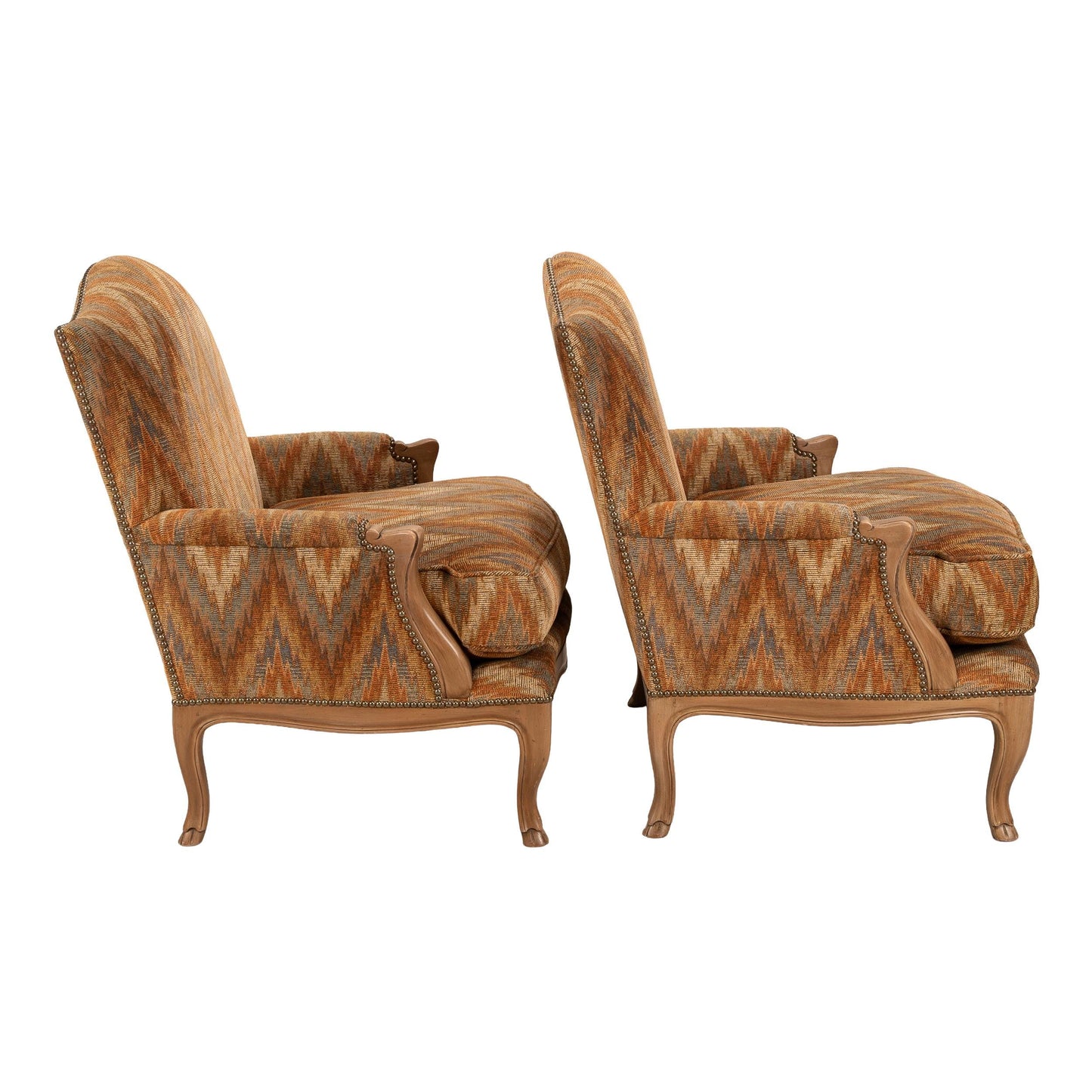 Louis XV Style Chevron Print Brass Studded Bergère Chairs by William Switzer – Pair, Vintage French Style Accent Seating