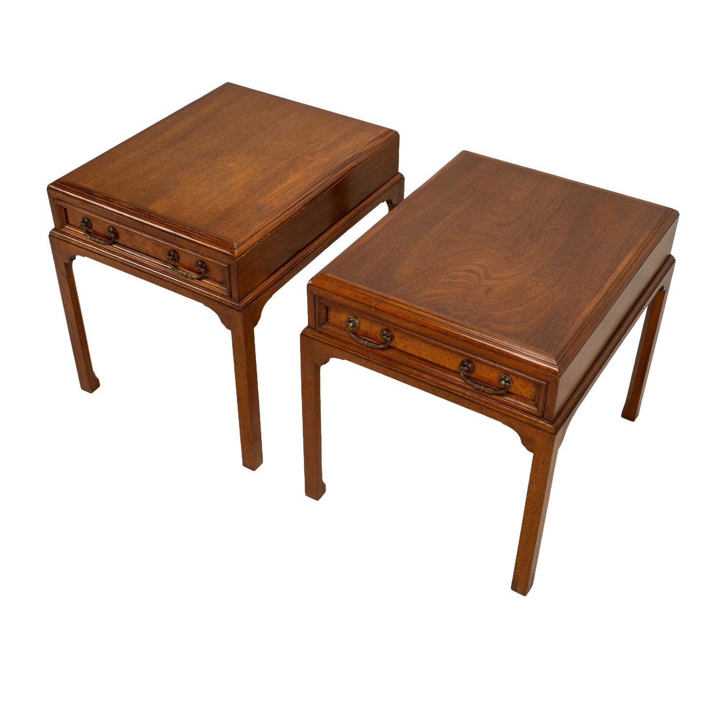 Vintage Burl Walnut Nightstands by Fine Arts Furniture With Brass Handles - A Pair