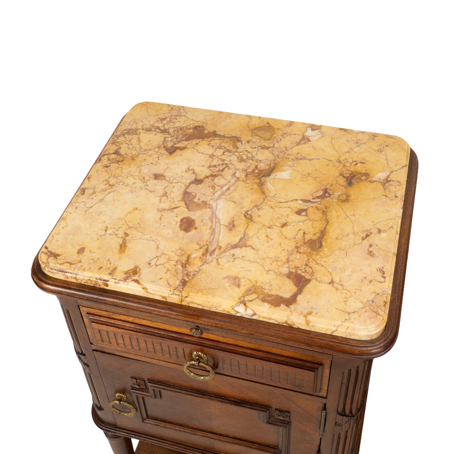 Antique French Louis XVI Style Marble Top Ceramic Lined Nightstands - A Pair
