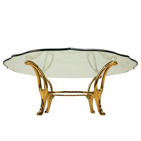 Hollywood Regency Brass & Glass Sculptural Coffee Table - Solid Brass Frame / Thick Ogee Beveled Glass