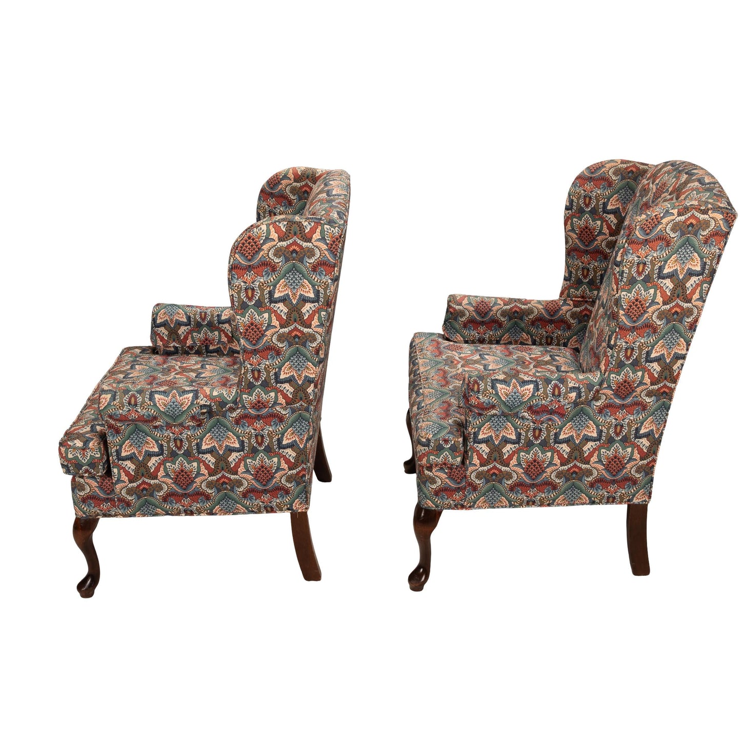 1970s Queen Anne Chippendale Wingback Chairs | Paisley Print Armchair Pair | Vintage Accent Seating Traditional Style USA Shipping Available