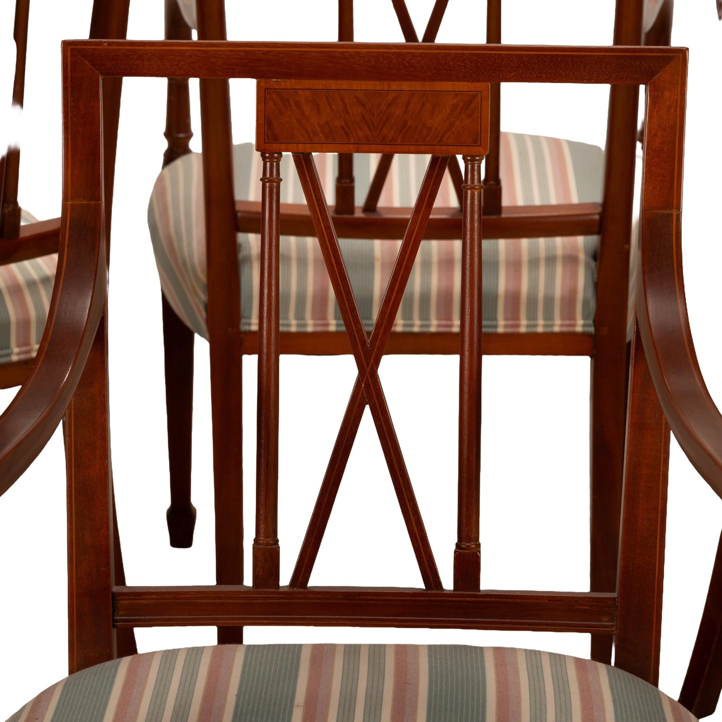 Flame Mahogany Regency Style Dining Chairs – Sculpted Arms & Inlaid X-Backs - Set of 8