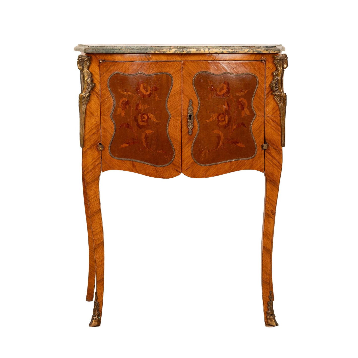 Antique French Louis XV Style Commode W/ Green Marble Top & Marquetry Inlay