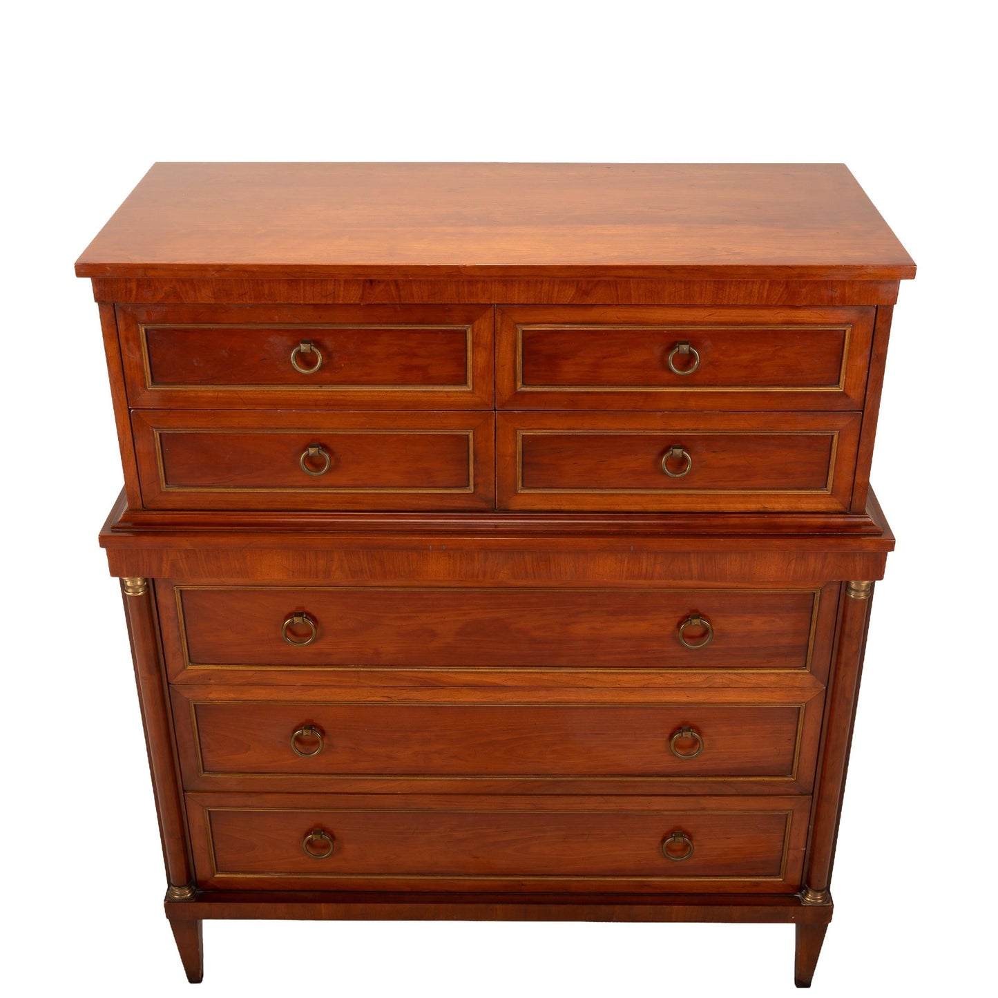 1940s Louis XVI Empire Style Highboy Dresser Brass Hardware, 7 Drawer French Inspired Chest, Vintage Bedroom Furniture, Art Deco Handles
