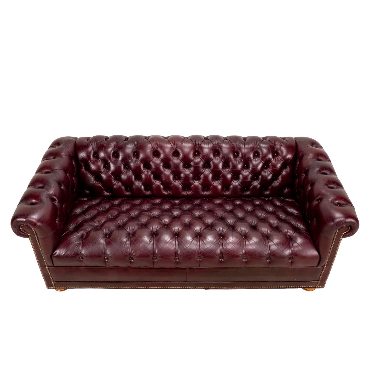 Vintage 1970s Tufted English Chesterfield Style Burgundy Leather Sofa 76"