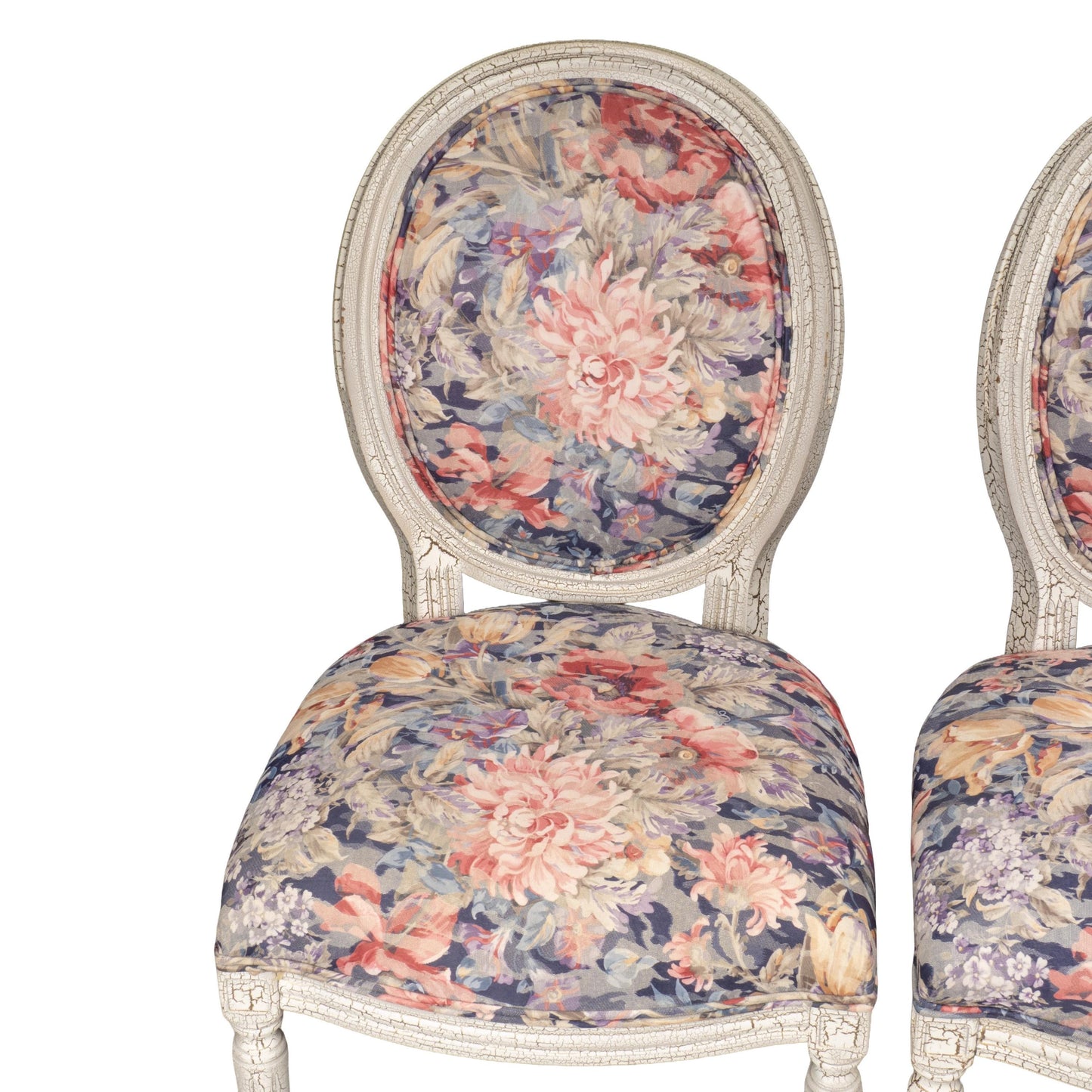 French Style Shabby Chic Dining Chairs Floral Upholstery Distressed Crackle Finish - Set of 4