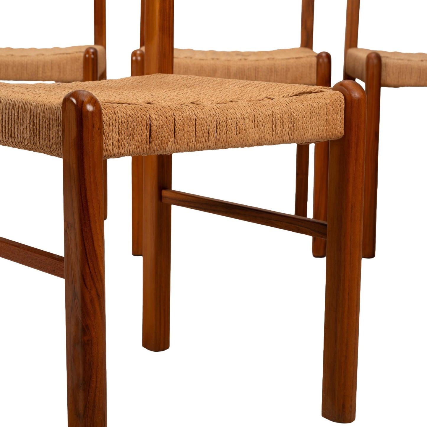 Scandinavian Modern Style Sun Cabinet Teak Dining Chairs W/ Paper Cord Seats - Set of 4