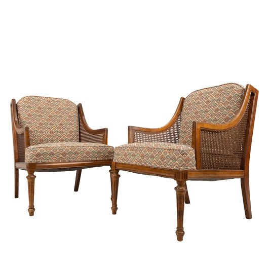 Pair of 1960s French Caned Bergère Chairs – Hollywood Regency Style with Flamestitch Upholstery, Vintage Armchairs Accent Seating