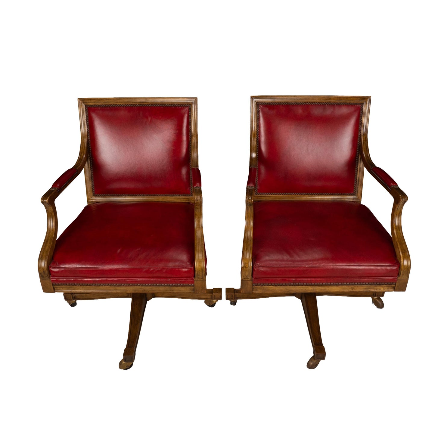 Pair of Baker Furniture Rolling Executive Chairs in Carved Wood & Burgundy Vinyl Upholstery