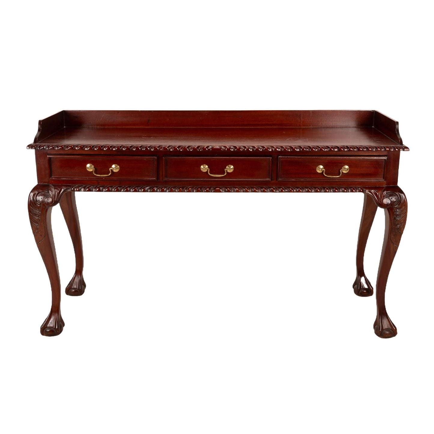 1940s Mahogany Chippendale Ball & Claw 3 Drawer Writing Desk/ Sofa Table , Elegant Carved Table, Baroque Console, Deep Wood Tones,