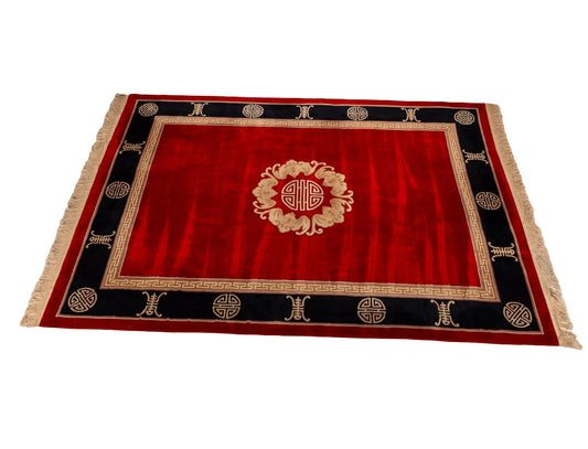 Vintage Chinese Art Deco Aubusson Rug 8.5x11.5' Red & Black Asian Style 100% Wool Hand Made Shou Symbol Thick Pile Carpet, A Beauty!