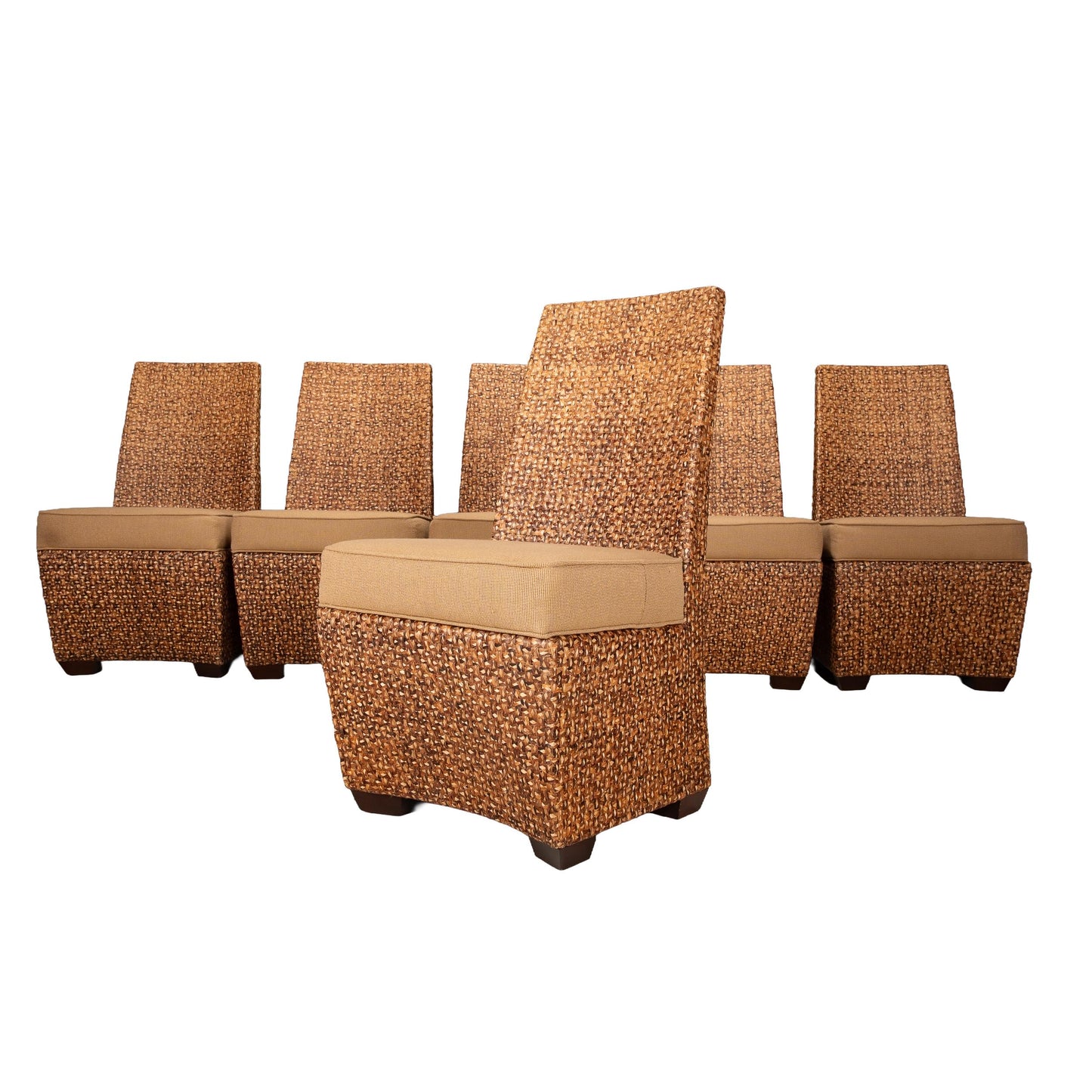 Set of 6 Lane Venture Bac Bac Banana Leaf Braided Dining Chairs – Coastal Boho Chic Woven Natural Texture Rattan Island Palm Beach Regency