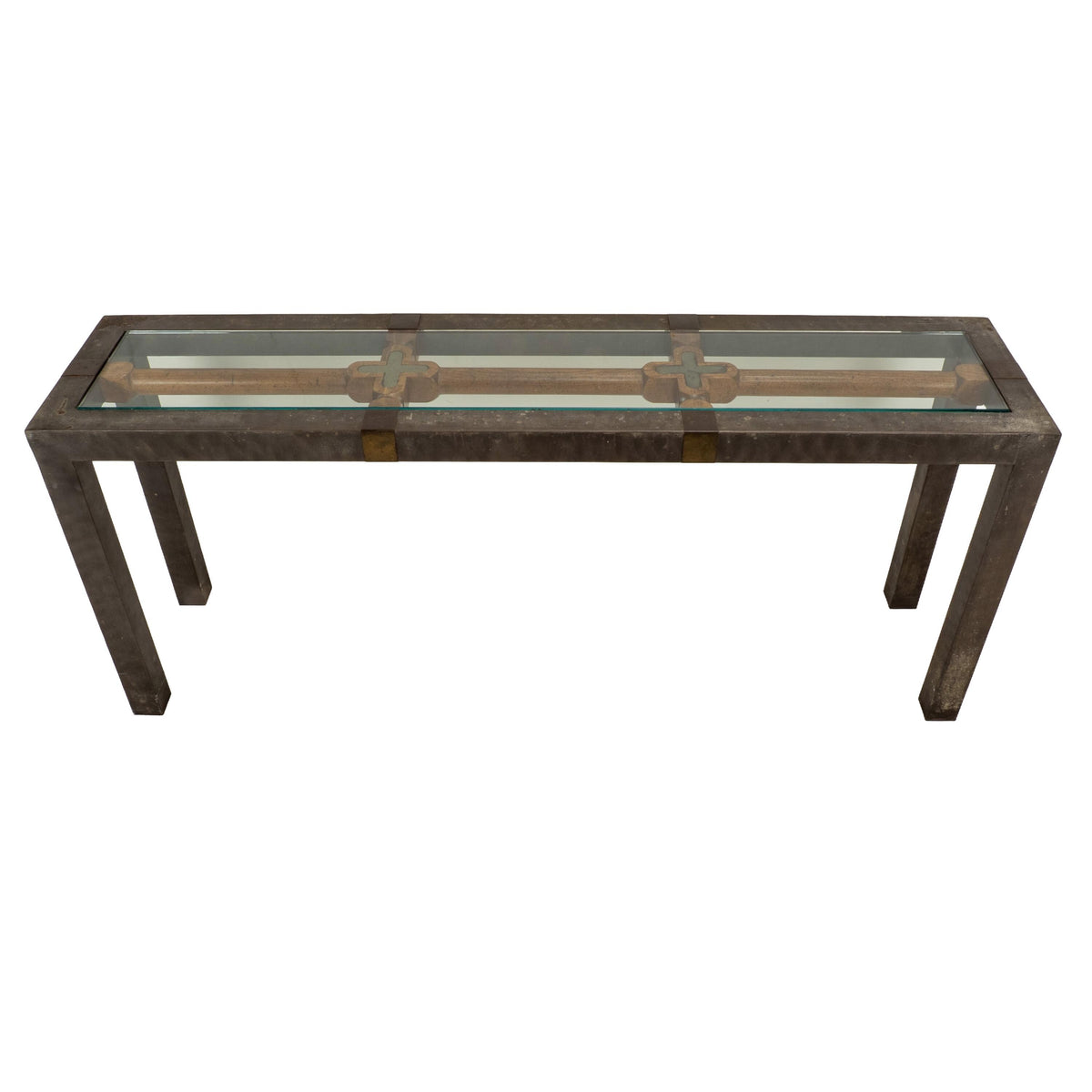 Vintage Brutalist Iron, Brass & Wood Console Table W/ Thick Beveled Glass Insert