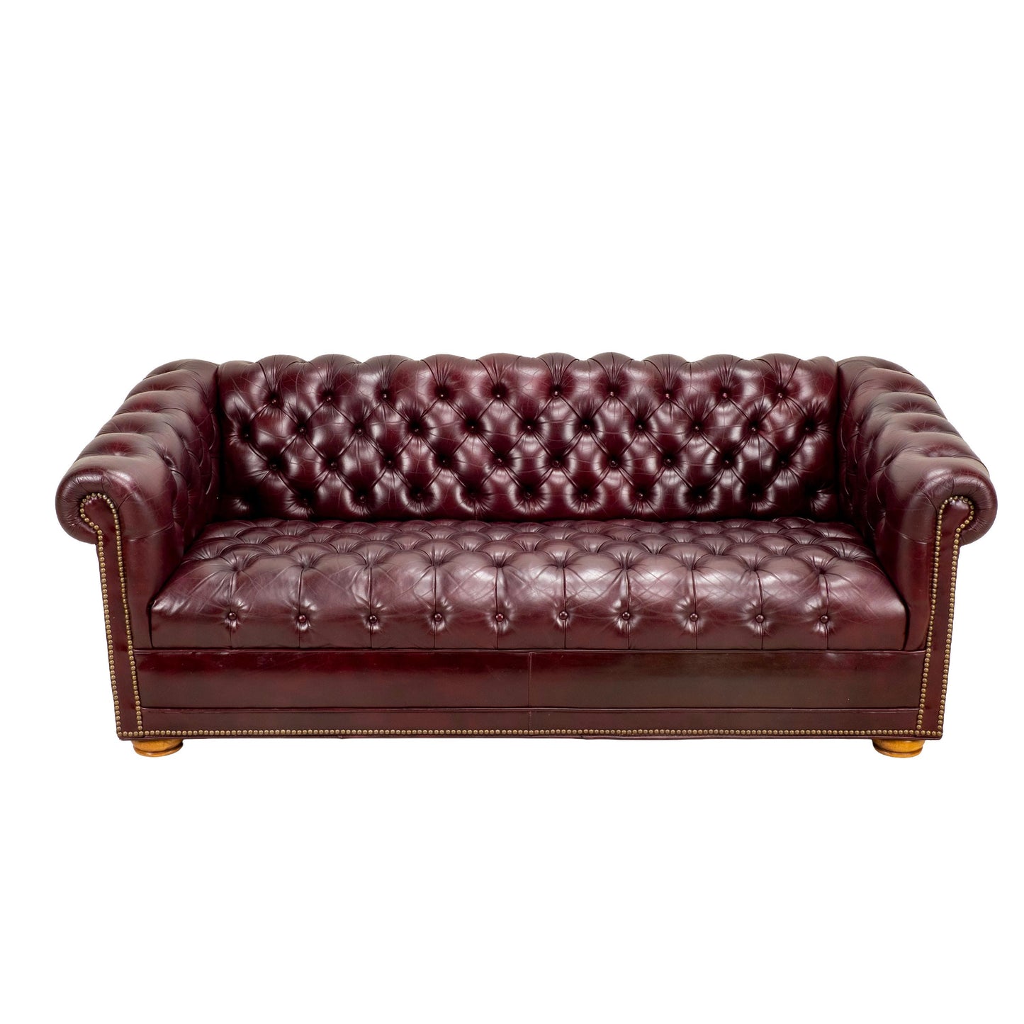 Vintage 1970s Tufted English Chesterfield Style Burgundy Leather Sofa 76"