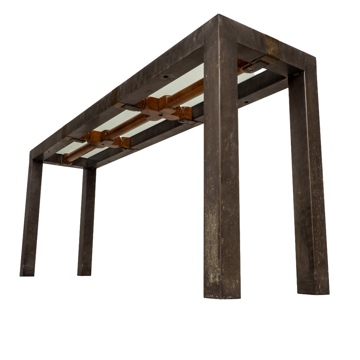 Vintage Brutalist Iron, Brass & Wood Console Table W/ Thick Beveled Glass Insert