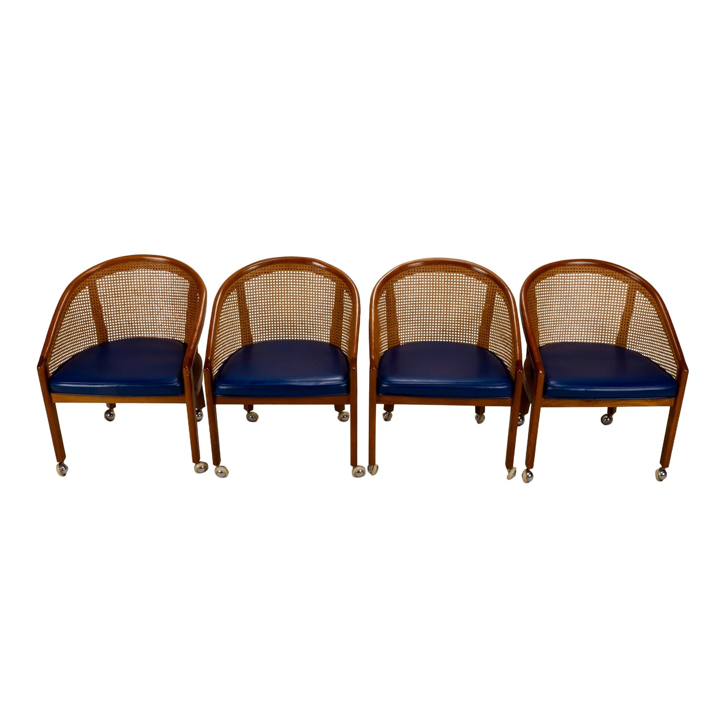 Set of 4 Bent Oak & Cane Tub Chairs on Casters W/ Royal Blue Cushions in the Manner of Ward Bennett