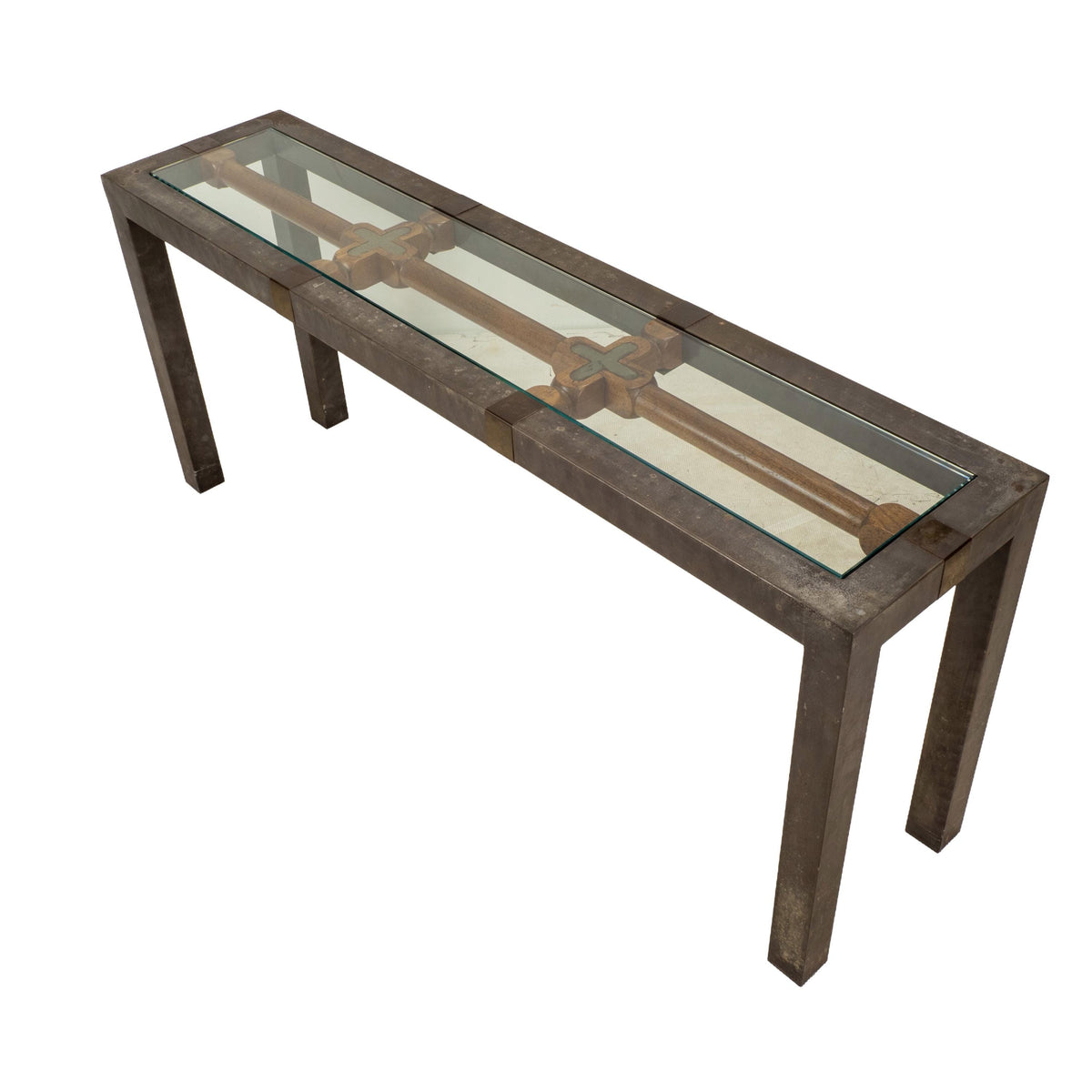 Vintage Brutalist Iron, Brass & Wood Console Table W/ Thick Beveled Glass Insert
