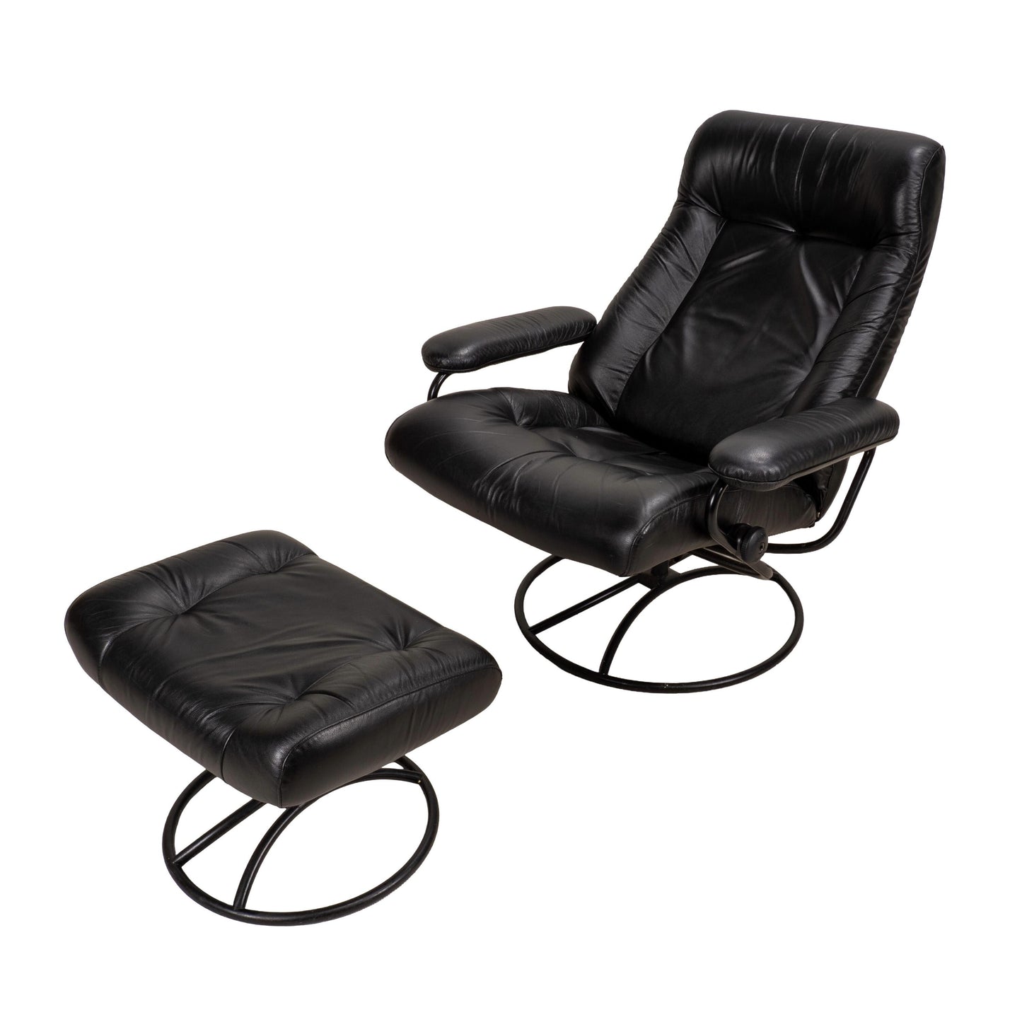 1980s Vintage Ekornes Stressless Black Leather Recliner & Ottoman Made in Norway