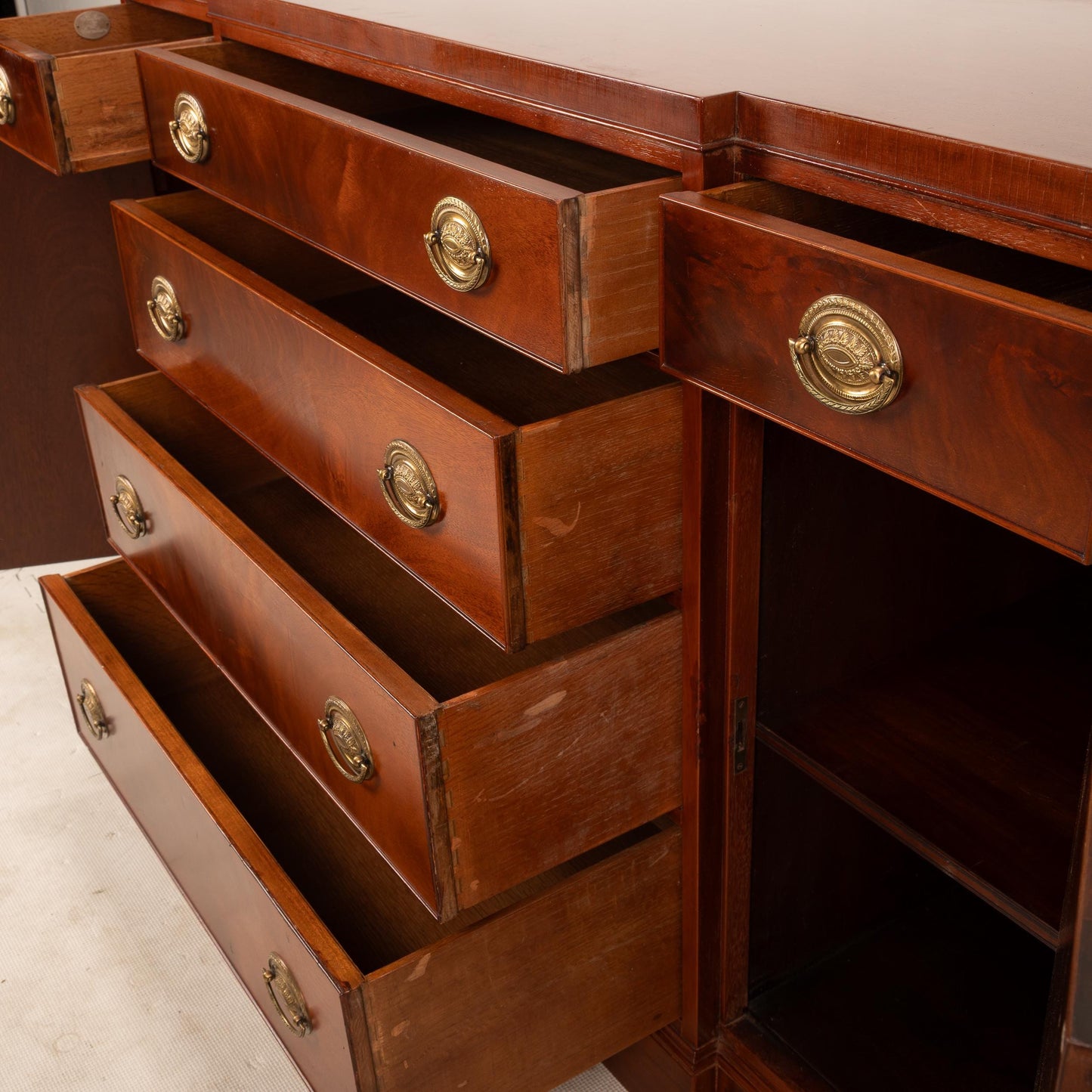 Baker Furniture Flamed Mahogany Sideboard With Brass Pulls & Locking Cabinets