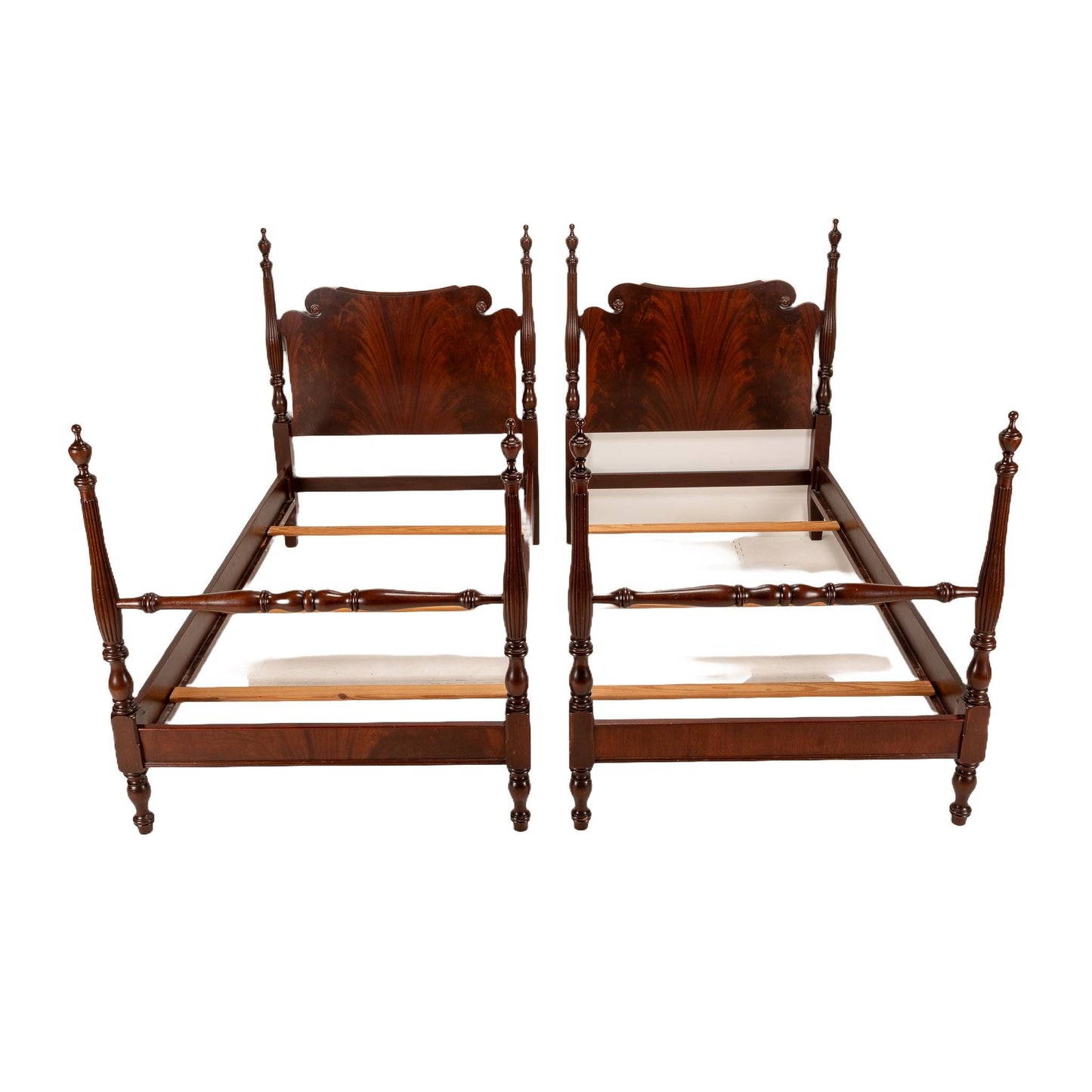 Outstanding Antique Flamed Mahogany 4 Poster Twin Bed Frames - a Pair , High End Antique Furniture, Late 1800s, Fantastic Burl Wood Pattern