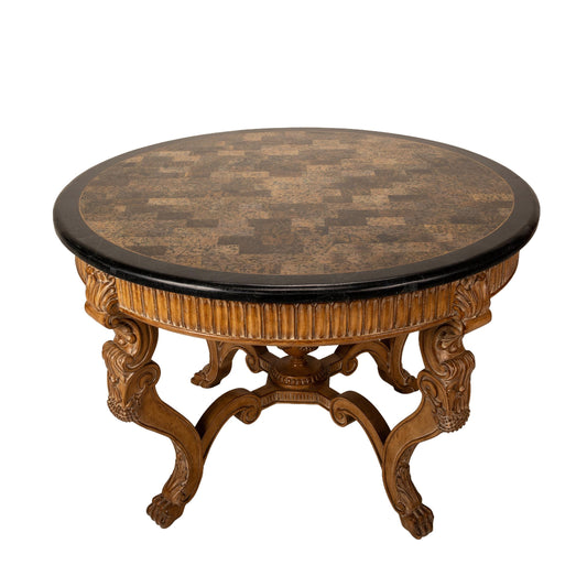 Henredon Tessellated Marble Center Table – Baroque Rococo Style with Ornate Carved Base & Claw Feet – Gorgeous Stone Finish, Statement Piece