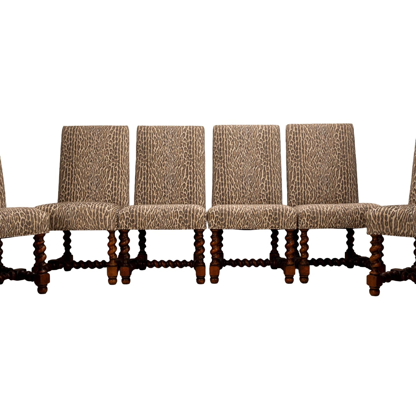 Jacobean Style Barley Twist Dining Chairs in Leopard Print Upholstery – Set of 10