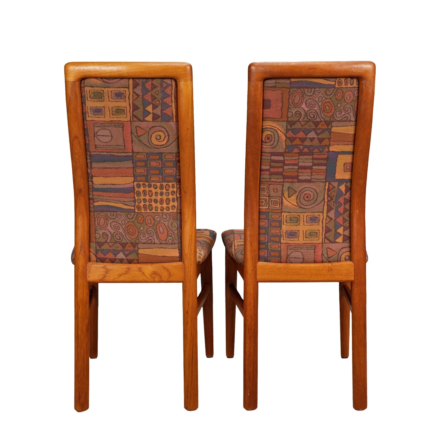 Pair Vintage Danish Teak Side Accent Chairs – Schou Andersen Denmark – Funky 80s Upholstery