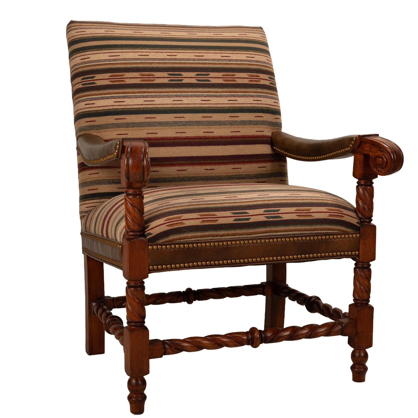 Hancock & Moore Louis XIII French Style Barley Twist Throne Armchairs W/ Southwestern Wool Geometric Fabric