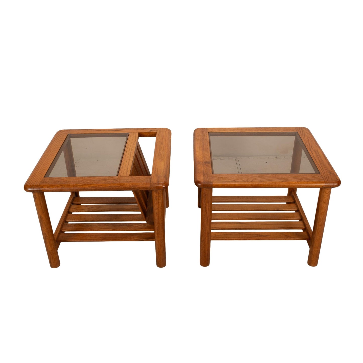1970's Mersman Solid Oak & Smoked Glass End Tables / Magazine Tables - Set of Two