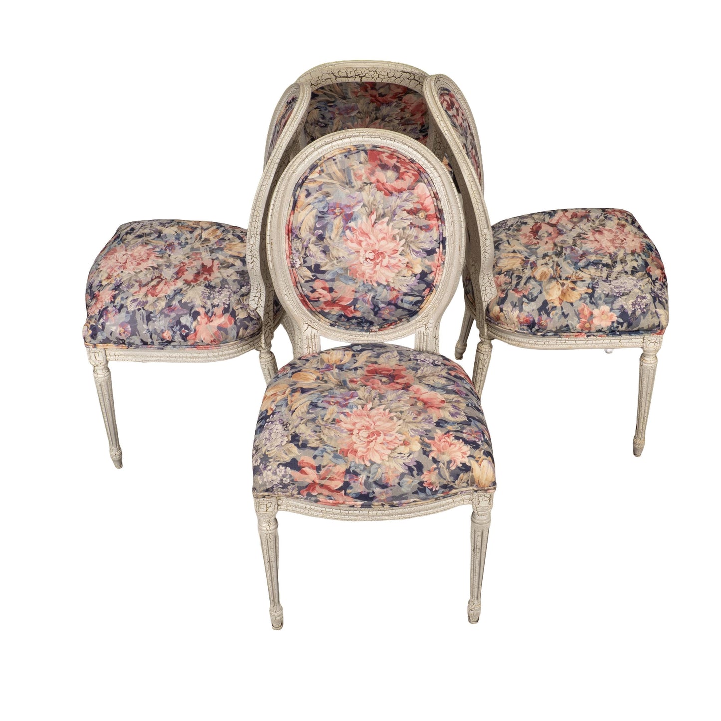 French Style Shabby Chic Dining Chairs Floral Upholstery Distressed Crackle Finish - Set of 4
