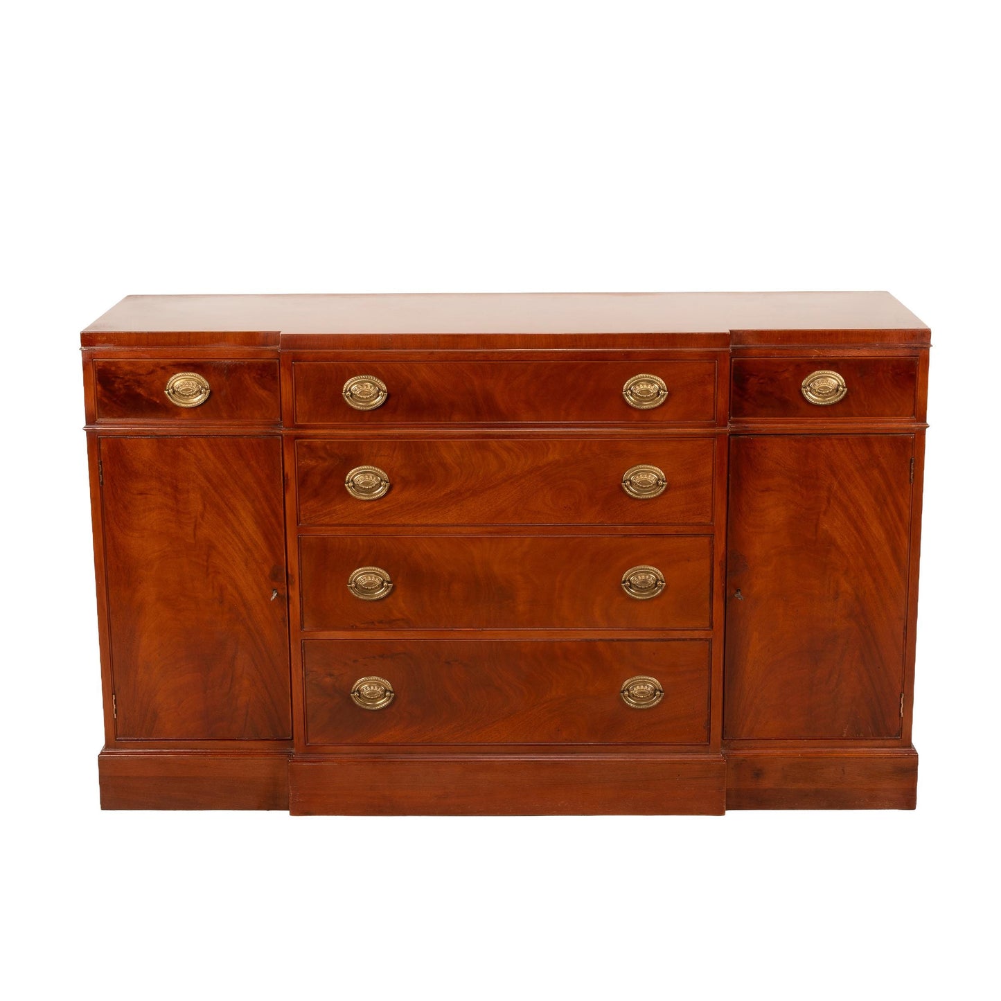Baker Furniture Flamed Mahogany Sideboard With Brass Pulls & Locking Cabinets
