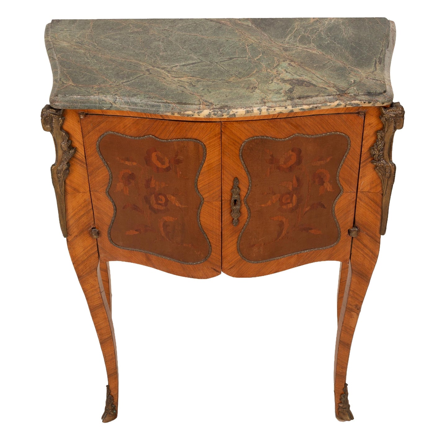 Antique French Louis XV Style Commode W/ Green Marble Top & Marquetry Inlay