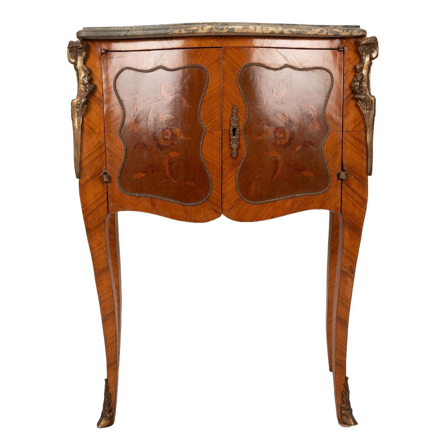 Antique French Louis XV Style Commode W/ Green Marble Top & Marquetry Inlay