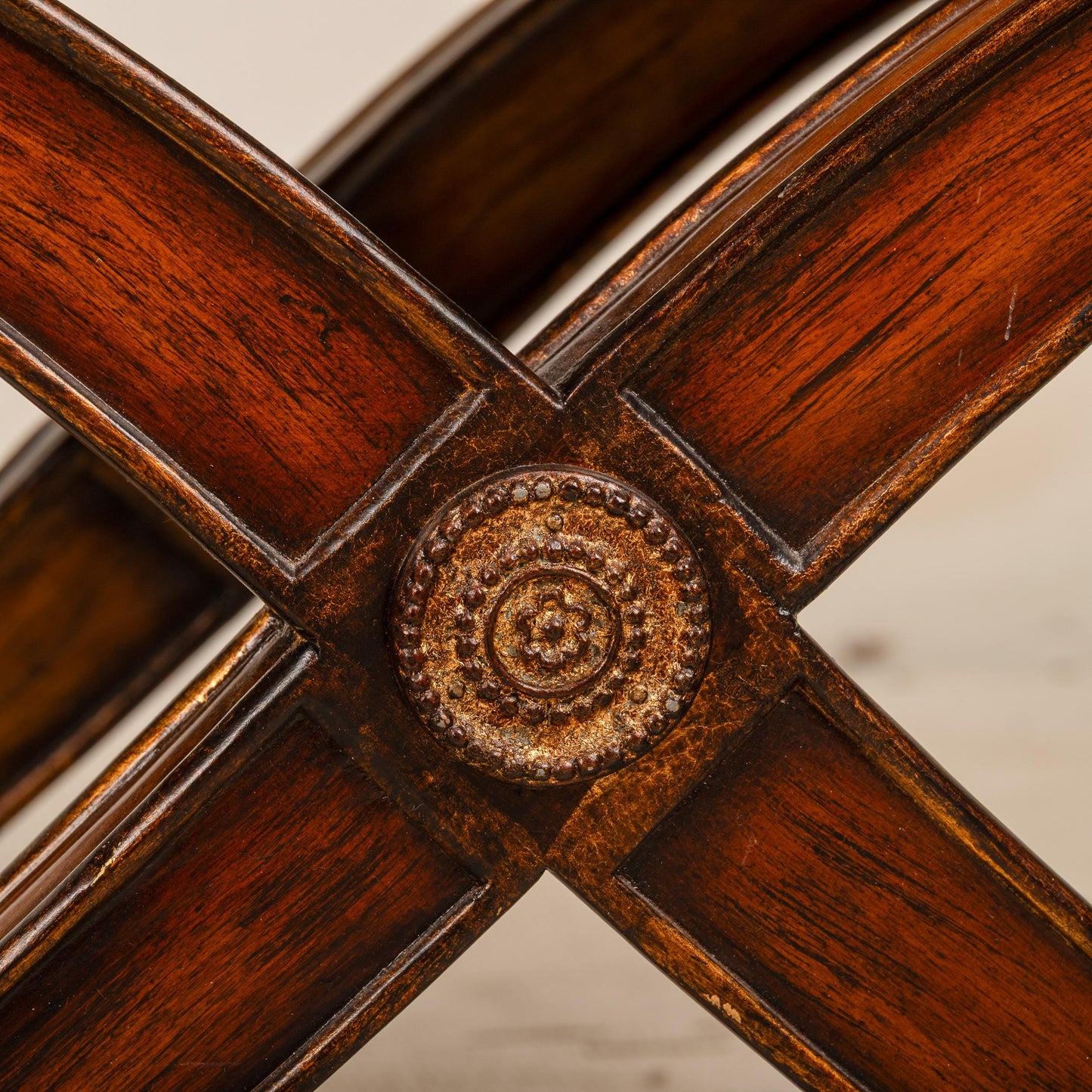 Ethan Allen Carved Wood X-Base Low Stools With Houndstooth Upholstery - A Pair