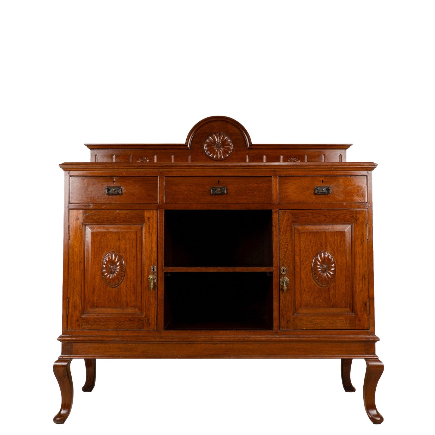 English Edwardian Oak Sideboard Buffet Server Carved Sunflower Motif Cabinet