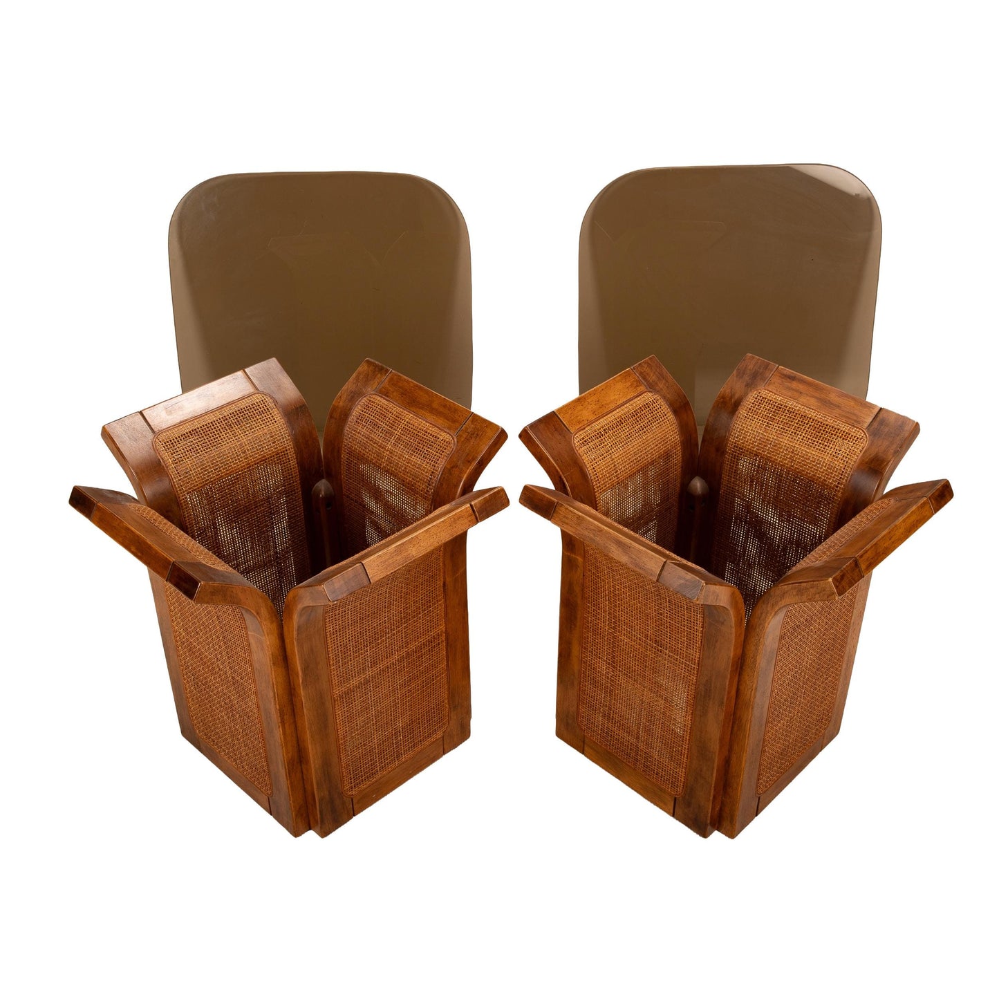1960s Mid Century Modern Double Wicker Bentwood Side Tables with Smoked Glass Tops – Retro Boho Chic Vintage Accent End Tables