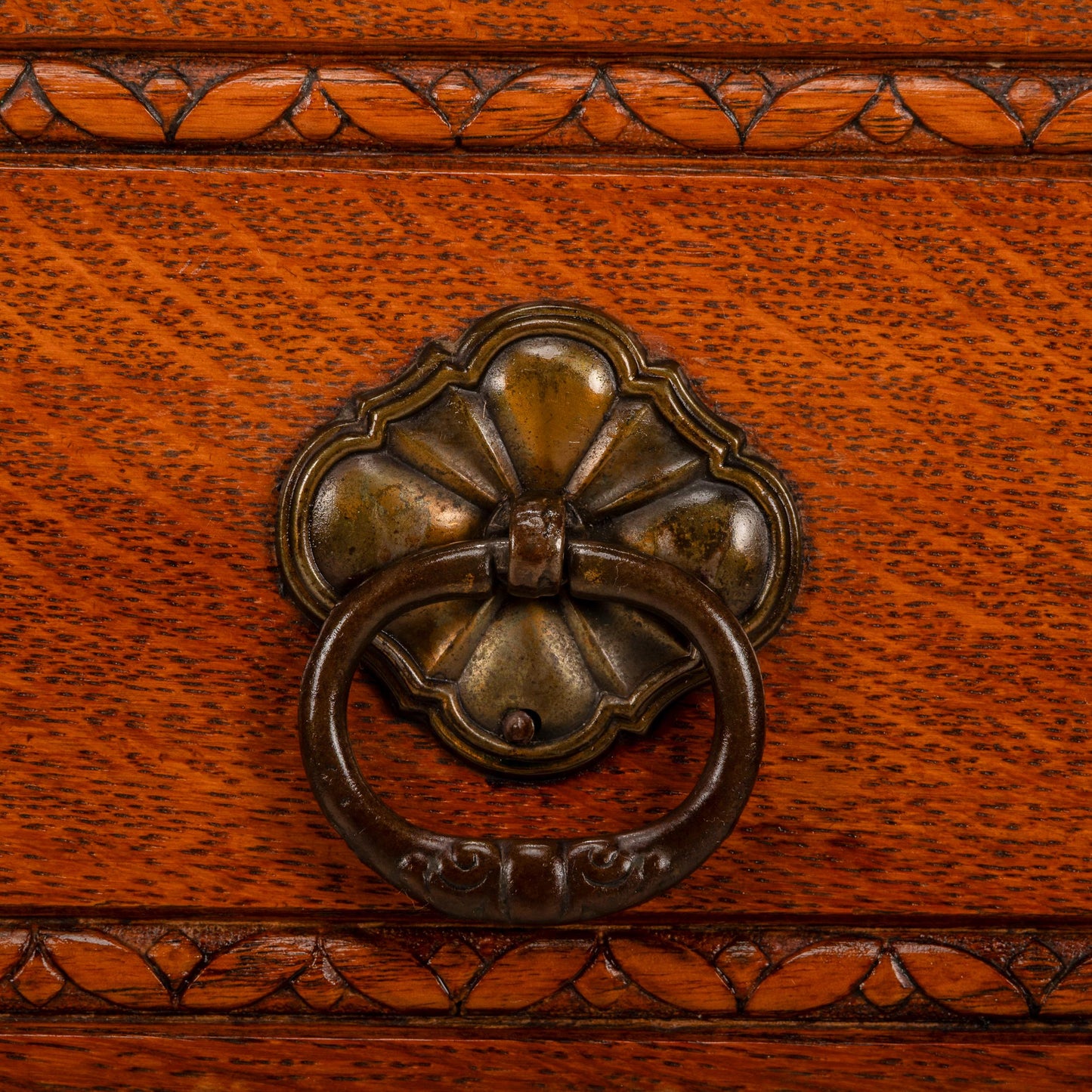 1940s English Jacobean Style Carved Tiger Oak Sideboard Buffet Credenza | Antique Server Cabinet | Vintage Dining Room Furniture