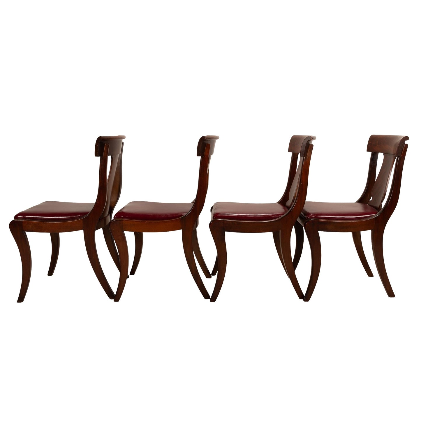 Antique 19th Century Flame Mahogany Gondola Dining Chairs with Saber Legs – Set of 4, Vintage Neoclassical Dining Seating