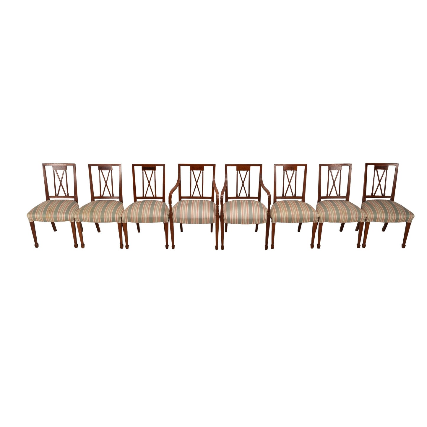 Flame Mahogany Regency Style Dining Chairs – Sculpted Arms & Inlaid X-Backs - Set of 8