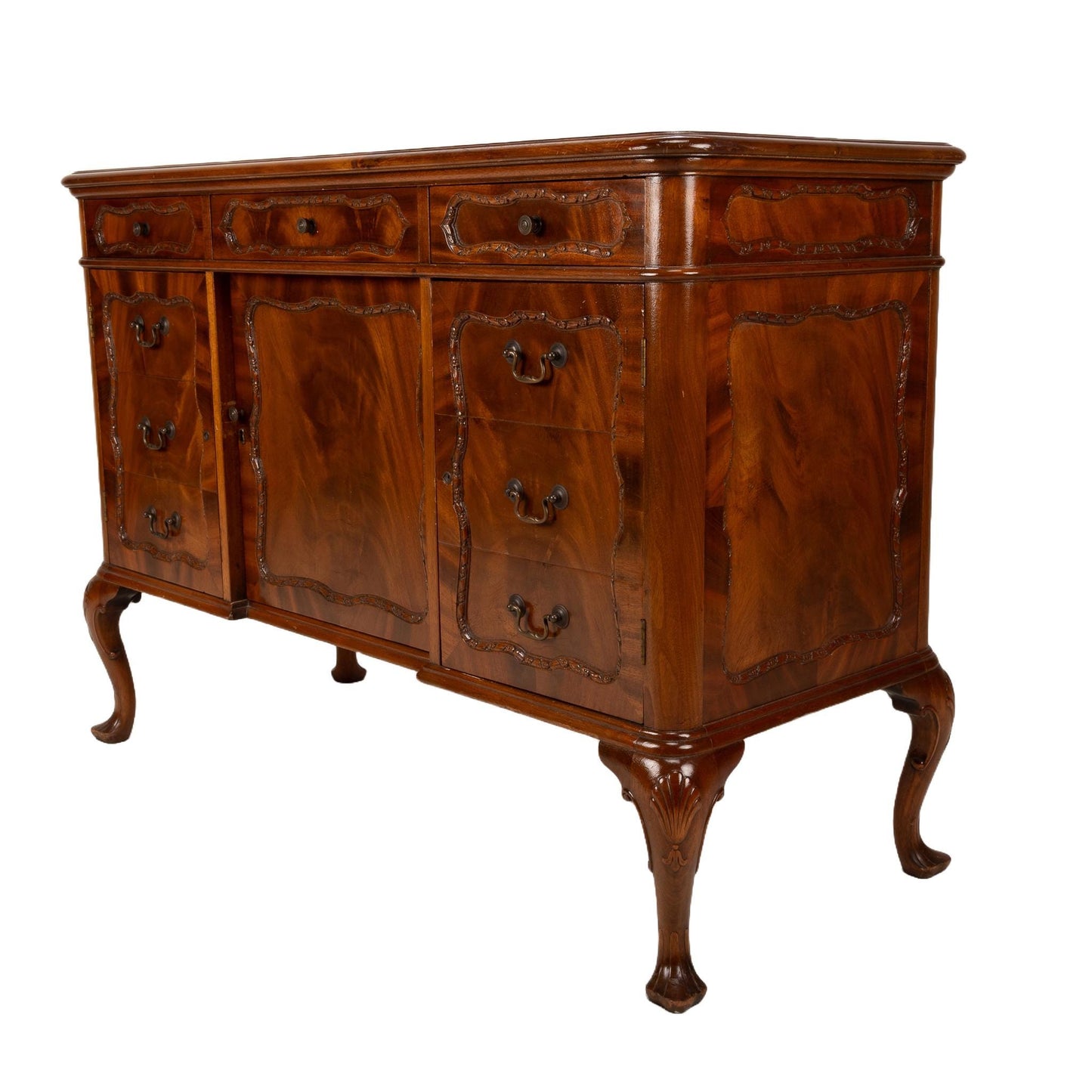 Antique French Provincial Style Flamed Mahogany Sideboard Buffet - High End Furniture, Gorgeous Burl Wood Pattern, USA Shipping Available