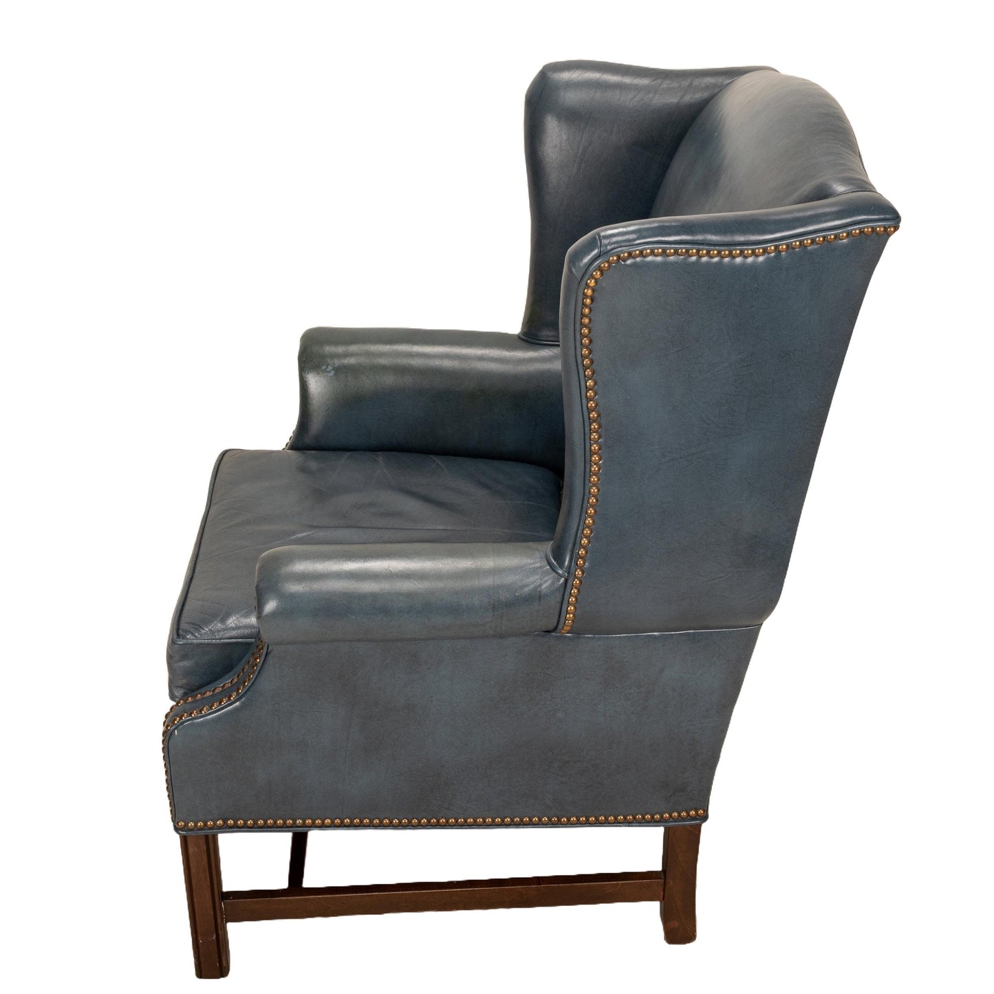 Ethan Allen Chippendale Wingback Chair & Ottoman – Blue 100% Leather Armchair – Brass Nailhead Studs – Vintage Library or Study Chair