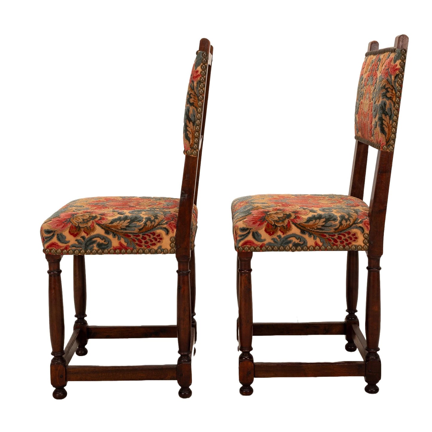 Antique French Walnut Baroque Cut Velvet Studded Floral Side Chairs - A Pair , Gorgeous French Antiques, High End Statement Piece