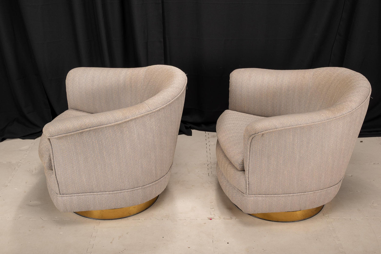 1989 Milo Baughman for Thayer Coggin Swivel Tub Lounge Chairs - A Pair , Hollywood Regency MCM Gold Trimmed Base USA Shipping Available