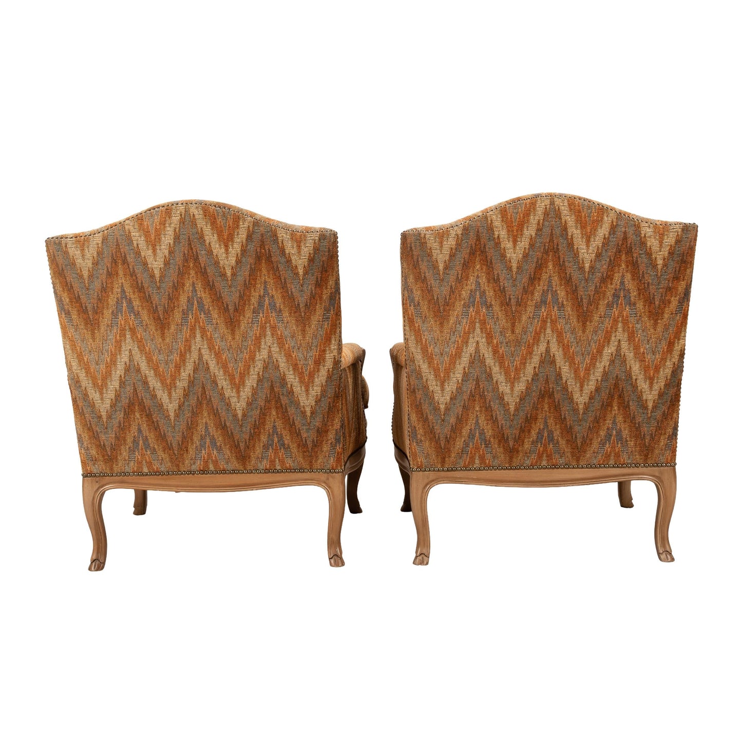 Louis XV Style Chevron Print Brass Studded Bergère Chairs by William Switzer – Pair, Vintage French Style Accent Seating